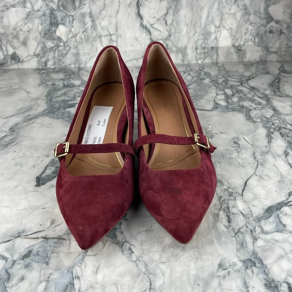 Vionic- Kit Minnie- Kitten Heel Suede Mary Jane Heels- Wine- Size 7.5 - Picture 3 of 13